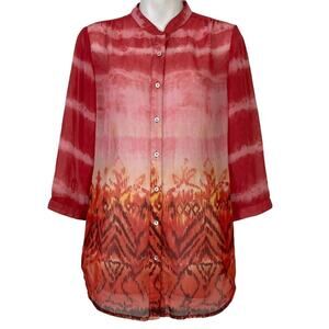 Chicos Pink Orange Button Down Sheer 3/4 Sleeve Long Line Top Shirt Blouse 0/ S